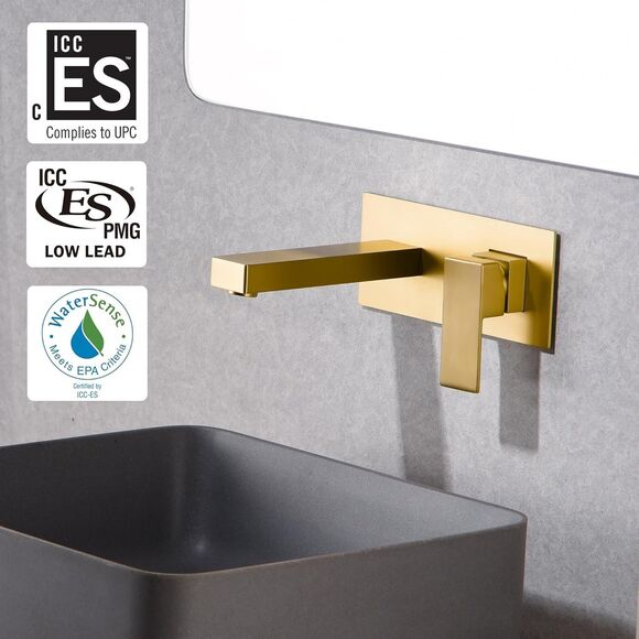Sumerain Wall Mount Bathroom Waterfall Faucet Sink Single Handle - Brushed Gold - Picture 3 of 12